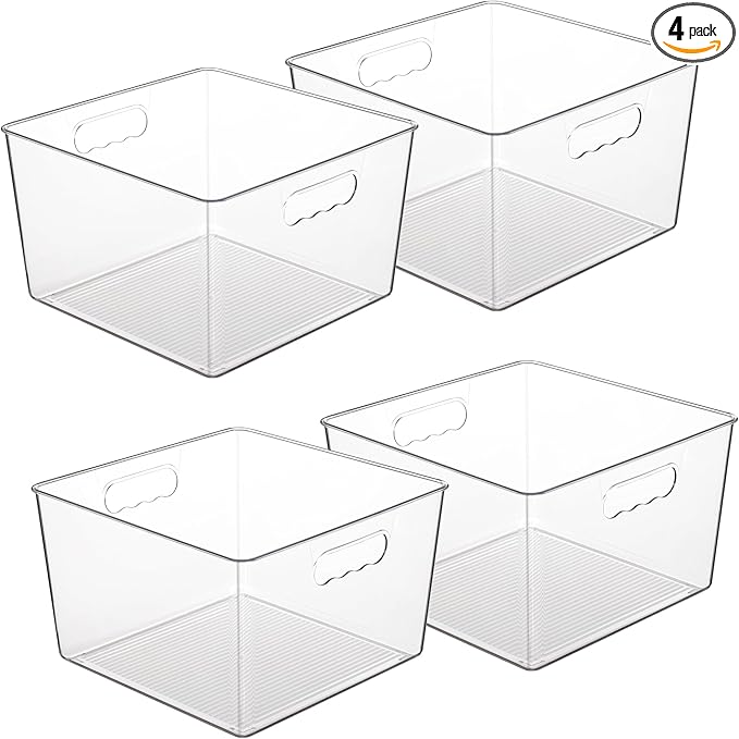 Vtopmart 4 Pack Extra Large Clear Plastic Storage Bins,11x11 Cube Acrylic Organizer Square Containers with Handle for Pantry,