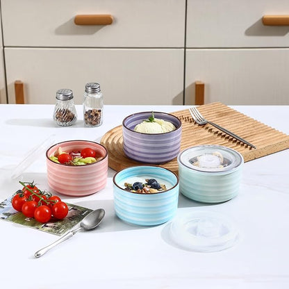 Selamica Ceramic Bowls with Lids, 8 OZ Small Serving Bowls with Lids for Food Storage, Prep, Picnic, Lunch, Microwave Dishwasher Safe, Set of 4, Gradient Color