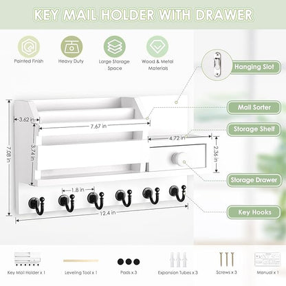 VIS'V Key Holder Wall Mount, Wooden Mail and Key Organizer with Drawer and Shelf, 2 Slots, 6 Hooks, White