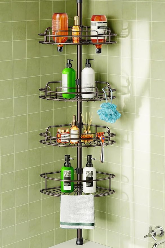 HAMITOR Corner Shower Caddy Tension Pole: 4-Tier Rust-Resistant Adjustable Bathroom Organizer Shelves - 47-121 Inch No-Drill 