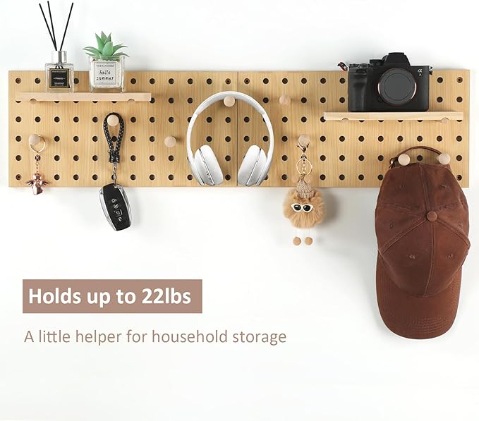 Beige Wood Pegboard Modular Display Wooden Pegboard Combination Wall Organizer Storage Wall Hooks Shelf for Home, Office, Bat