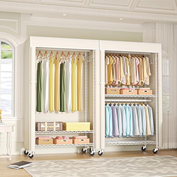 FUTASSI White Clothing Rack with Beige Cover, P1C Rolling Closets with Wheels, Metal Garment Rack for Hanging Clothes, Clothi