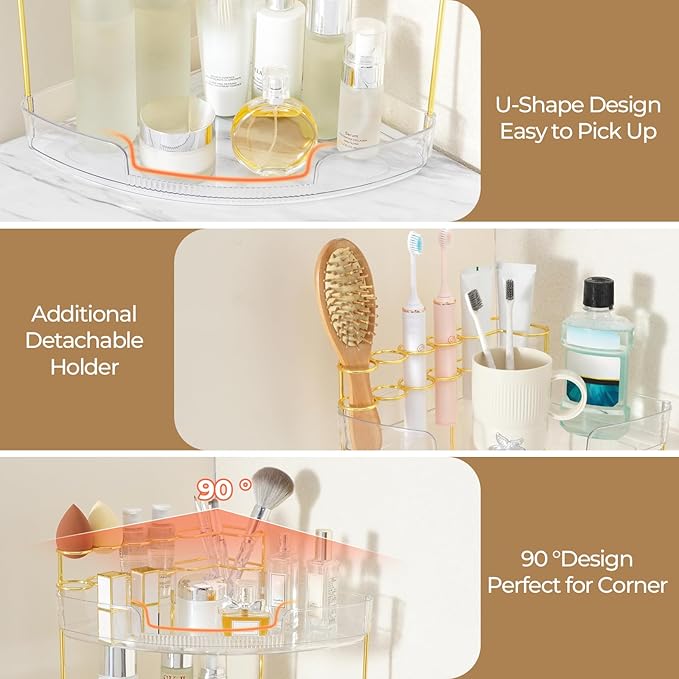 FELIZHOUSE 2-Tier Makeup Organizer for Vanity & Bathroom Countertop – Acrylic Storage Shelf with Perfume Tray & Makeup Brush 