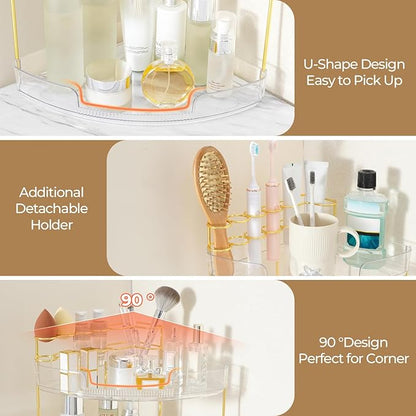 FELIZHOUSE 2-Tier Makeup Organizer for Vanity & Bathroom Countertop – Acrylic Storage Shelf with Perfume Tray & Makeup Brush 