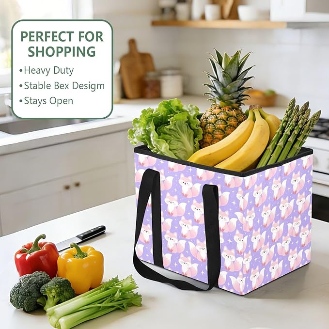 Cute Fox Purple Reusable Grocery Bags Large Shopping Tote Bag with Reinforced Bottom Board, Water Resistant Foldable Storage 