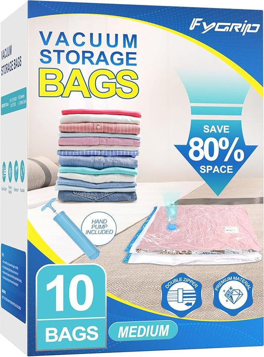 Fygrip Vacuum Storage Bags with Hand Pump, Plastic Packaging Bags, 80% Space Saver Vacuum Seal Bags for Clothing, Travel Lugg