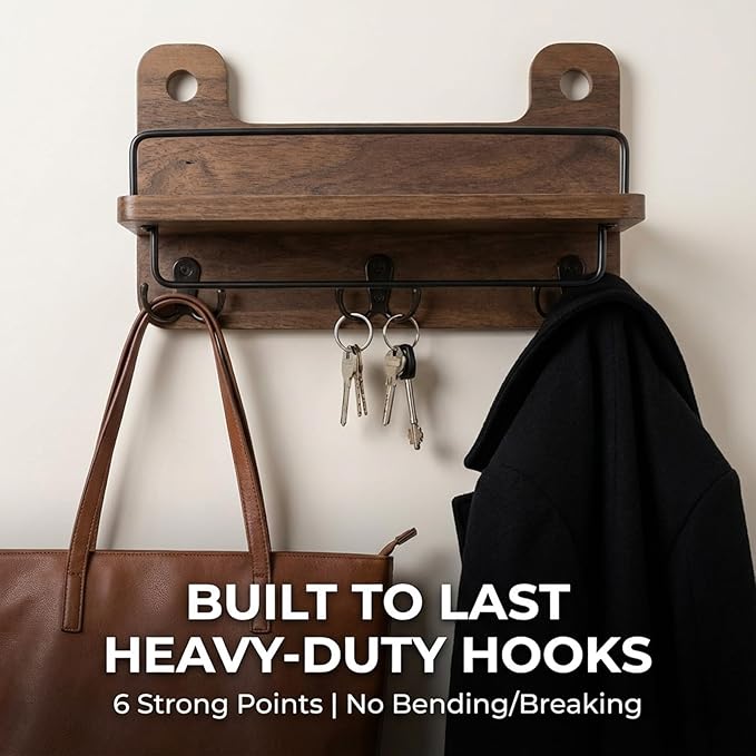 REFGY Key Holder for Wall with Shelf - 5.1" Deep Large Mail Organizer Wall Mount with 3 Heavy-Duty Dual Hooks & Safety Guardr