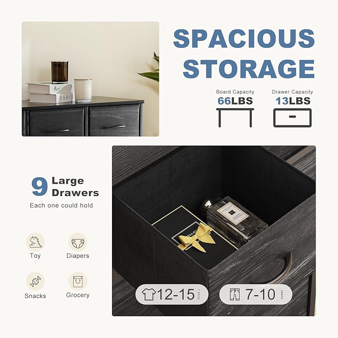 DUMOS 9 Drawer Dresser for Bedroom, Fabric Storage Organizer with Sturdy Metal Frame, Wooden Top Chest of Drawers for Closet 
