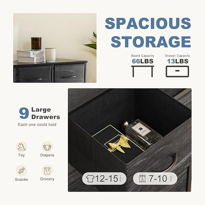 DUMOS 9 Drawer Dresser for Bedroom, Fabric Storage Organizer with Sturdy Metal Frame, Wooden Top Chest of Drawers for Closet 