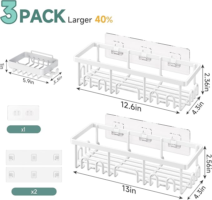 Veken Shower Caddy 3-Pack, Advanced Rustproof Design, No Drilling Adhesive Shelves, Rack with Soap Holder, Large Capacity Bat