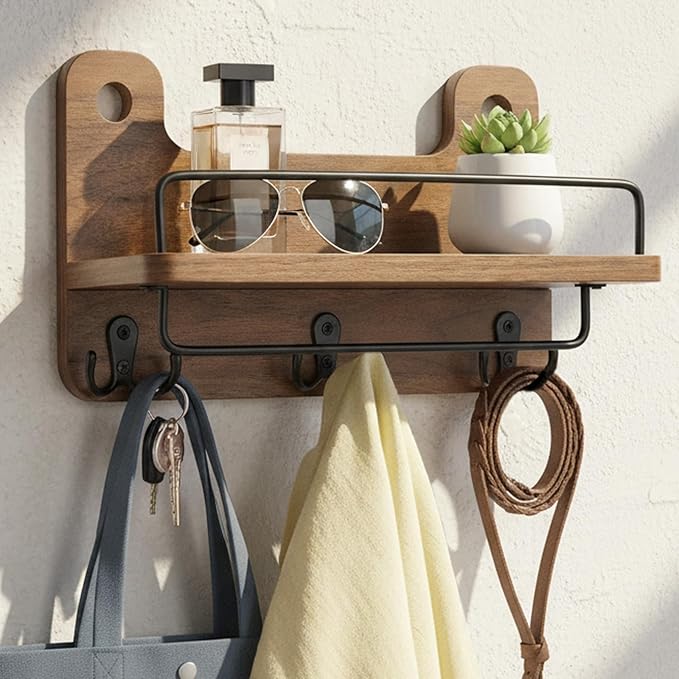 REFGY Key Holder for Wall with Shelf - 5.1" Deep Large Mail Organizer Wall Mount with 3 Heavy-Duty Dual Hooks & Safety Guardr