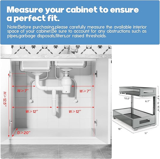 1 Pack 19IN Depth Under Sink Storage Organizer, Large 2-Tier Elegant Mesh Pull Out Shelf for Kitchen and Bathroom Cabinet Org