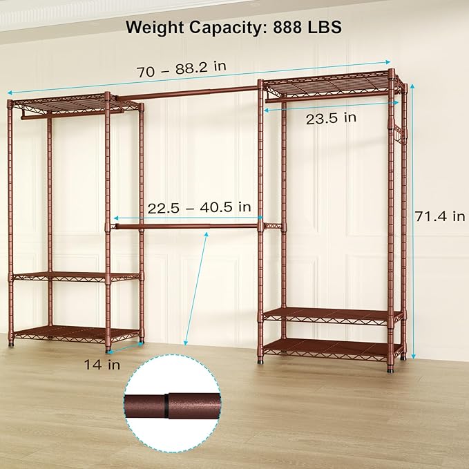 Ulif E1 Heavy Duty Closet Garment Rack, 6 Tiers Adjustable Metal Freestanding Expandable Clothing Storage with 4 Hanger Rods,