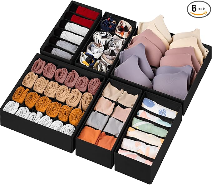6 Pack Sock Underwear Drawer Organizer Dividers, 58 Cell Foldable Fabric Dresser Closet Organizers and Storage Bins for Cloth