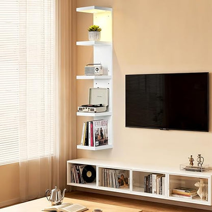 LinTimes 5-Tier LED Wall Shelf with Remote Control, White Floating Shelves Unit, Wall Mounted Display Storage