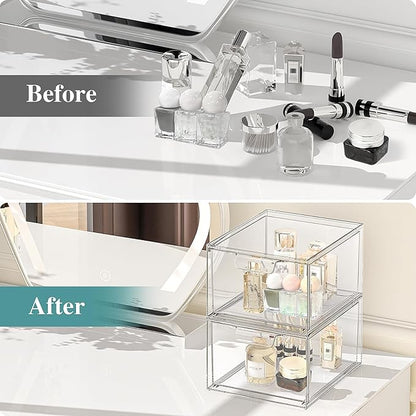 SpaceHacks 2 Pack Stackable Makeup Organizer and Storage, Acrylic Organizers，Clear Plastic Storage Drawer with Handles for Va