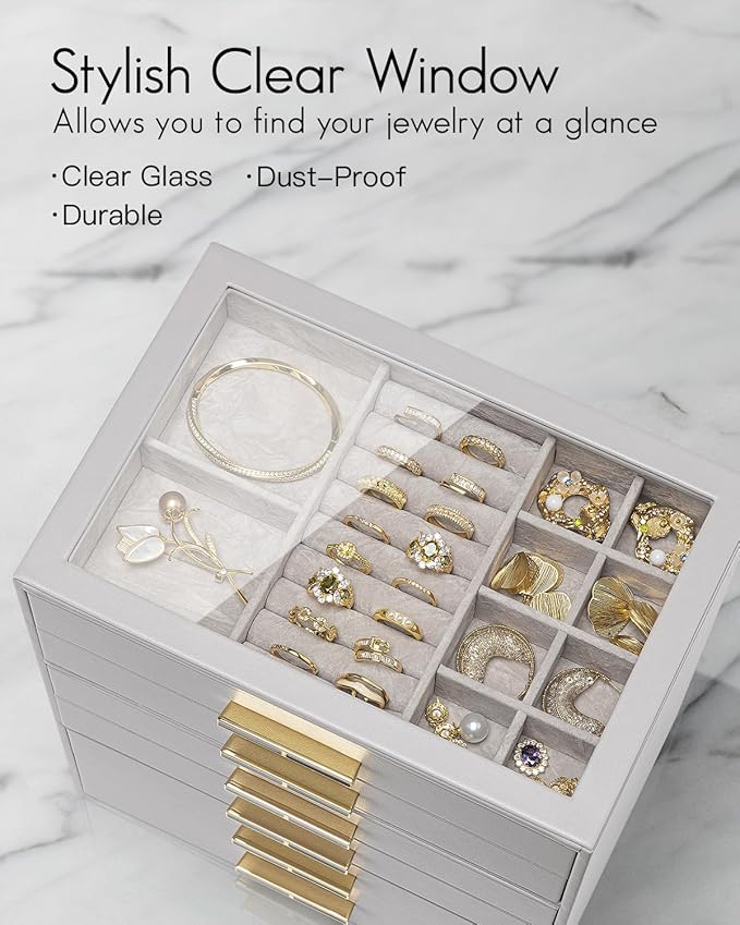Vlando 6 Layer Jewelry Box for Women, Glass Lid Jewelry Organizer with 6 Drawers for Necklaces Rings Earrings Bracelets - Gre