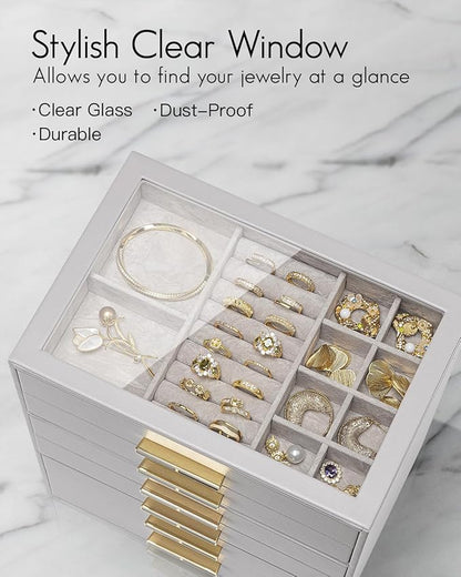 Vlando 6 Layer Jewelry Box for Women, Glass Lid Jewelry Organizer with 6 Drawers for Necklaces Rings Earrings Bracelets - Gre