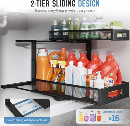 1 Pack 19IN Depth Under Sink Storage Organizer, Large 2-Tier Elegant Mesh Pull Out Shelf for Kitchen and Bathroom Cabinet Org