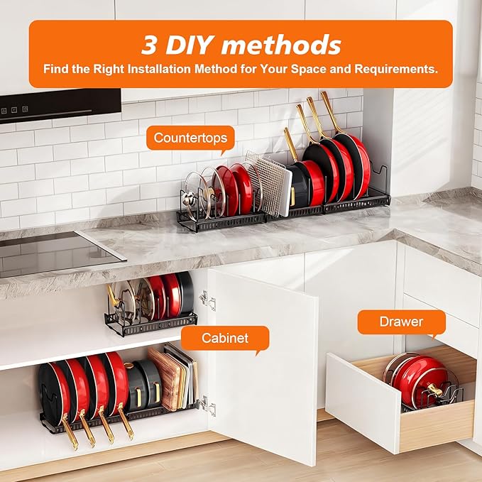 2 Pack Expandable Pot and Pan Organizer (11.8"-23") for Kitchen Cabinet - Under Sink Storage Rack with 13 Adjustable Dividers for Lids, Baking Sheets - Black & White, Tool-Free Assembly