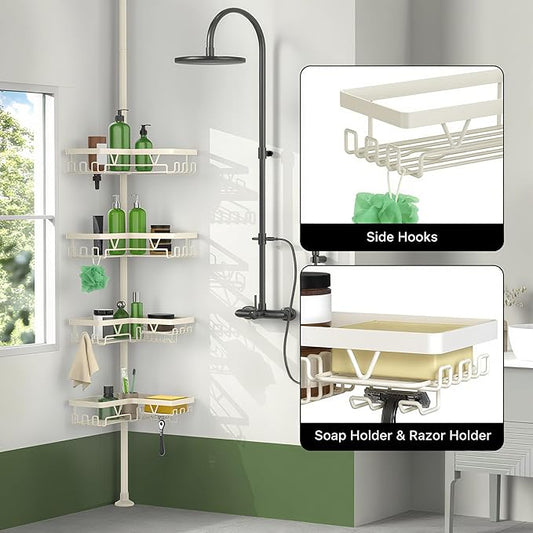 KEGII Shower Corner Caddy Tension Pole, Rustproof Corner Bathroom Organizer, No Drilling Bathtub Shelf for Inside Shower, Wat