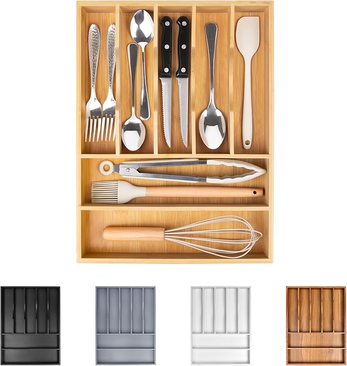 Bellsal Bamboo Silverware Drawer Organizer, Kitchen Utensil Drawer Organizers, 12"x15.7" Utensils Holder Cutlery Tray with Gr