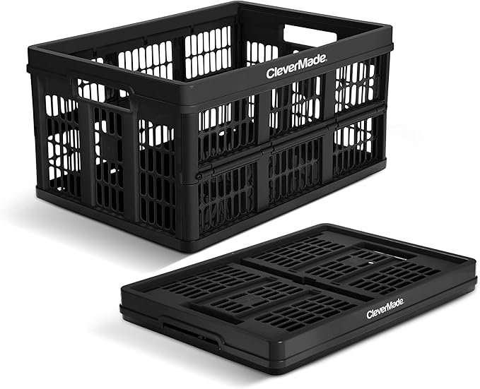 CleverMade Collapsible Utility Crate 45L Foldable Plastic Crate with Heavy Duty 66 lb Capacity for Storage, Trunk Organizatio