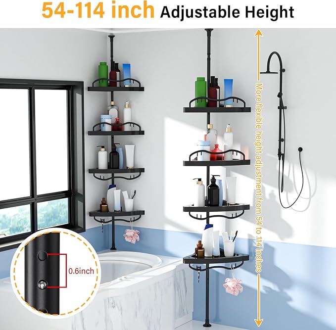 Black Corner Shower Caddy Tension Pole - Heavy Duty Rustproof Stainless Steel Shower Organizer with 4 Adjustable Shelves, No-