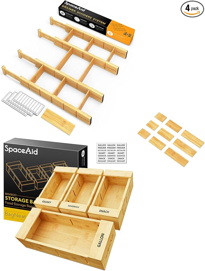 SpaceAid Bamboo Drawer Dividers with Inserts and Labels, 4 Dividers with 9 Inserts (17-22 in), Bag Storage Organizer (4 Pack)