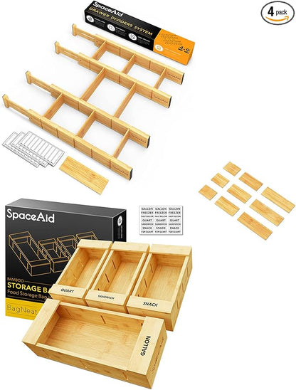 SpaceAid Bamboo Drawer Dividers with Inserts and Labels, 4 Dividers with 9 Inserts (17-22 in), Bag Storage Organizer (4 Pack)