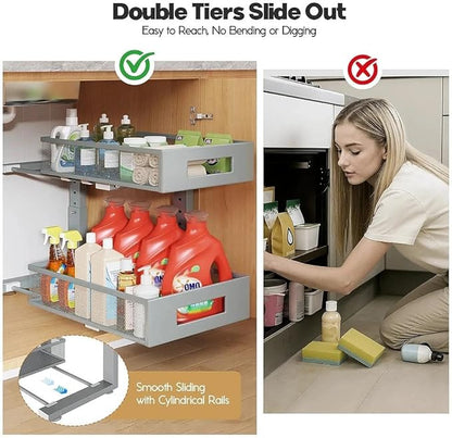 Under Sink Organizer, 2-Tier Dual Pull Out Cabinet Organizer Drawers With Smooth Circular Rail,Large Capacity Metal Mesh Slid
