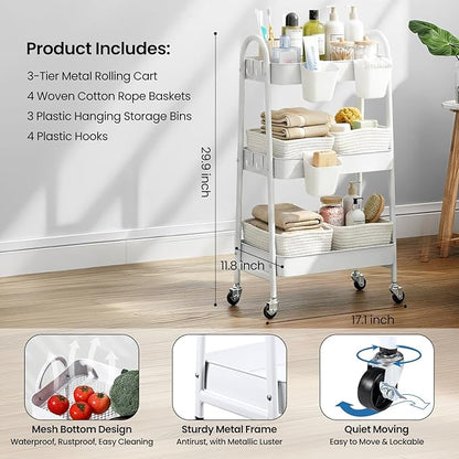 3-Tier Rolling Utility Cart with 4 Woven Baskets, Diaper Book Snack Cart, Storage Organizer for Nursery, Kitchen, Craft Room,