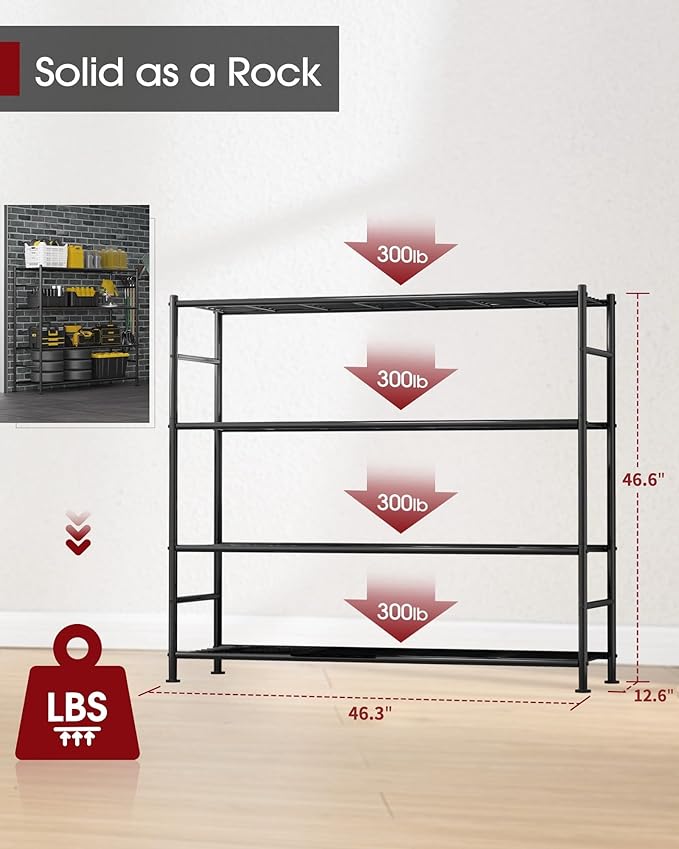 Sakugi Storage Shelves - 4 Tier Shelf Organizer, Heavy Duty Garage Shelving Unit with Leveling Feet, Stable Metal Shelves Org