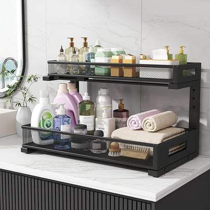 1 Pack 19IN Depth Under Sink Storage Organizer, Large 2-Tier Elegant Mesh Pull Out Shelf for Kitchen and Bathroom Cabinet Org