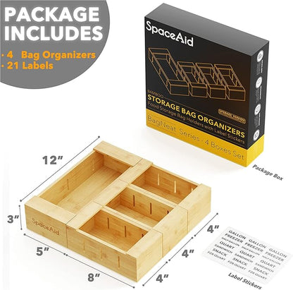 SpaceAid Bamboo Drawer Dividers with Inserts and Labels, 4 Dividers with 9 Inserts (17-22 in), Bag Storage Organizer (4 Pack)