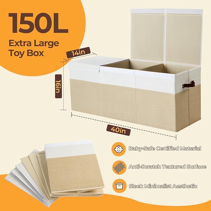 Extra Large Toy Box,150L Foldable Sturdy Toy Storage with Lid,40"x14"x16" Kids Storage Organizer, Toy Chest for Boys&Girls,fo
