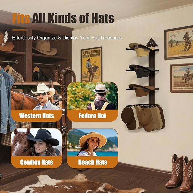 Cowboy Hat Rack -Cowboy hat holder for wall With Heavy- Organize and Display Your Hats with Ease, Wall Mounted Hat Hanger Wes