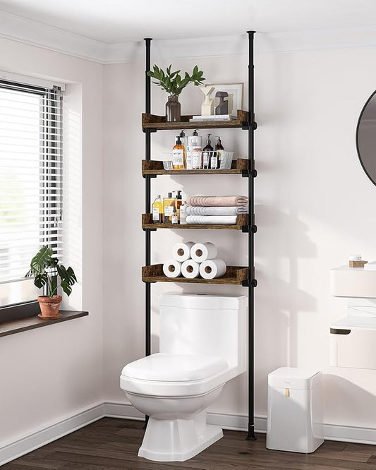 ALLZONE Bathroom Organizer, Over The Toilet Storage, 4-Tier Adjustable Wood Shelves for Small Rooms, Saver Space Rack, 92 to 