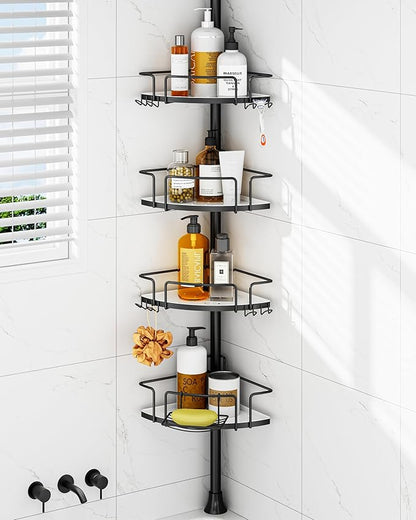 ALLZONE Corner Shower Caddy Tension Pole, 4 Repositionable Hang-On Baskets with Mixed-Height Shelves for Various Bottle Sizes