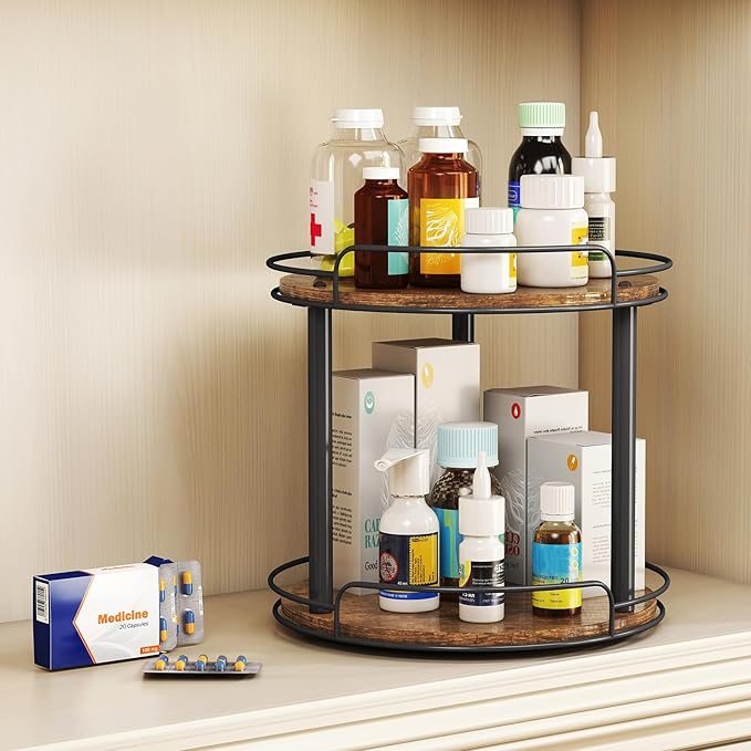 LAMU 12.2'' Wood Lazy Susan Turntable Organizer for Cabinet, 2 Tier Lazy Susan Spice Rack Organizer for Kitchen, Table Top, C
