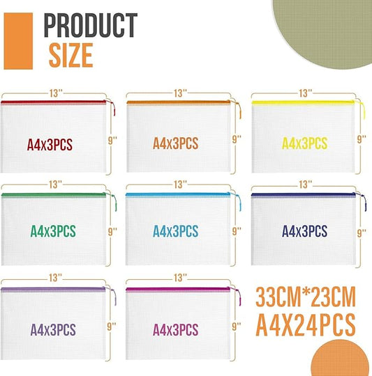 24pcs Mesh Zipper Pouch Bags Puzzle Storage Bags, A4 13x9 Inches Large Reusable Zipper Pouches for Classroom Organizing Board