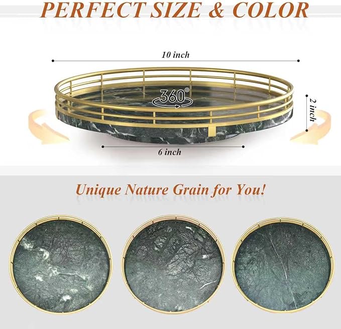 Green Marble Lazy Susan Turntable for Table Top – 10” Round Marble Tray Organizer for Dining Table, Kitchen Countertop & Bar,