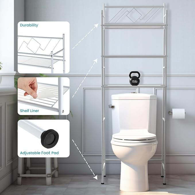 Home Zone Living Over the Toilet Bathroom Storage Organizer with 3 Tiers of Shelving Rack Space