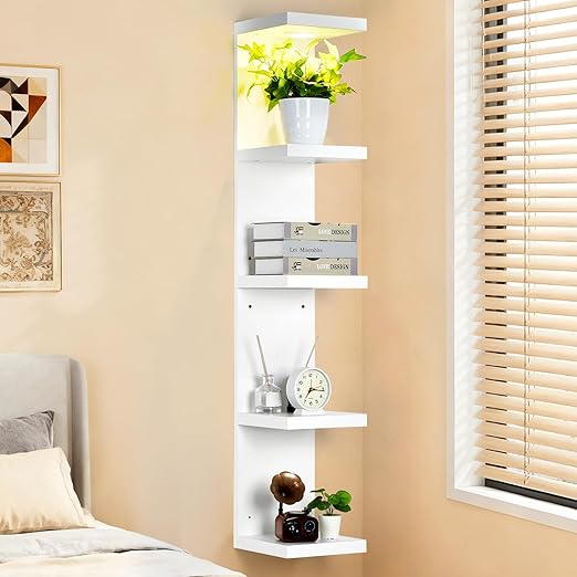 LinTimes 5-Tier LED Wall Shelf with Remote Control, White Floating Shelves Unit, Wall Mounted Display Storage