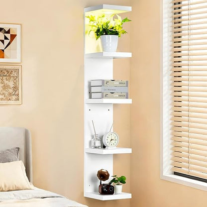 LinTimes 5-Tier LED Wall Shelf with Remote Control, White Floating Shelves Unit, Wall Mounted Display Storage