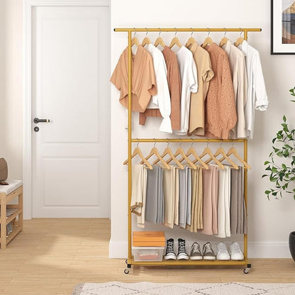 Sywhitta Double Rod Clothing Garment Rack, Rolling Coat Hanger with Bottom Mesh, Clothing Rack for Hanging Clothes, Coats, Sk