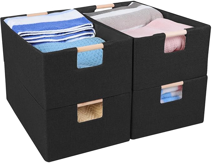 ANMINY 4PCS Storage Bins Set Large Foldable Cotton Linen Fabric Storage Baskets Box with Wood Handles Decorative Shelf Cube C