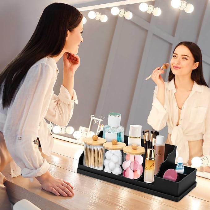 Bathroom Counter Organizer, Black Silicone Toothbrush Holders for Bathrooms Organizer Countertop with 3PCS Qtip Holder, Tooth
