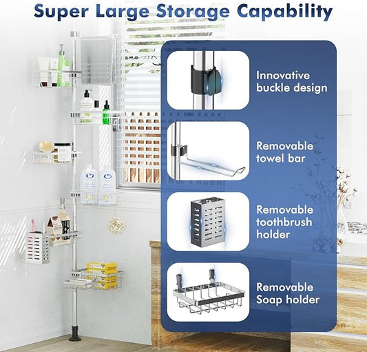 Shower Caddy Corner Tension Pole, Stainless Steel Rustproof 6 Shelves Bathroom Organizer with Towel Bar & Toothbrush Holder, 