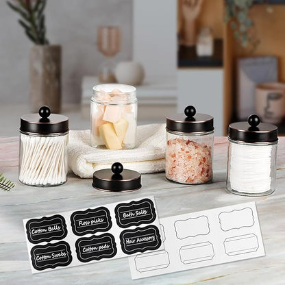 Amolliar 4Pc Apothecary Jars Bathroom Vanity Storage Organizer-Countertop Canister & Stainless Steel Lids &Cute Stickers -Qti
